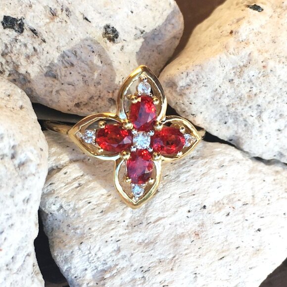 Tanzanian Ruby & White Zircon 9K Yellow Gold Ring Genuine Gemstones July - Picture 3 of 14